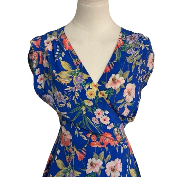 YUMI KIM Blue Pink Floral 100%‎ Silk Mini Wrap Dress Size M Summer Garden Party - Picture 4 of 10